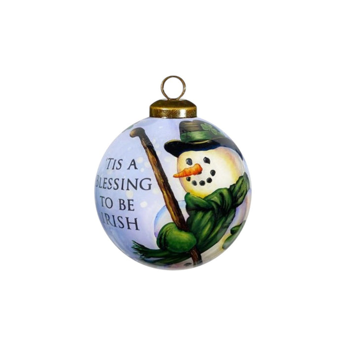 Green Irish Snowman Hand Painted Mouth Blown Glass Ornament