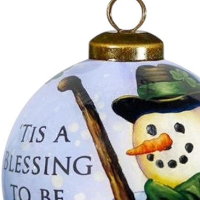 Green Irish Snowman Hand Painted Mouth Blown Glass Ornament