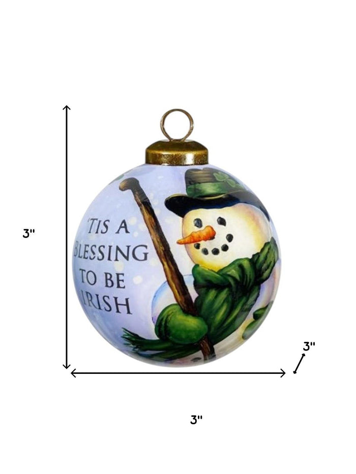 Green Irish Snowman Hand Painted Mouth Blown Glass Ornament
