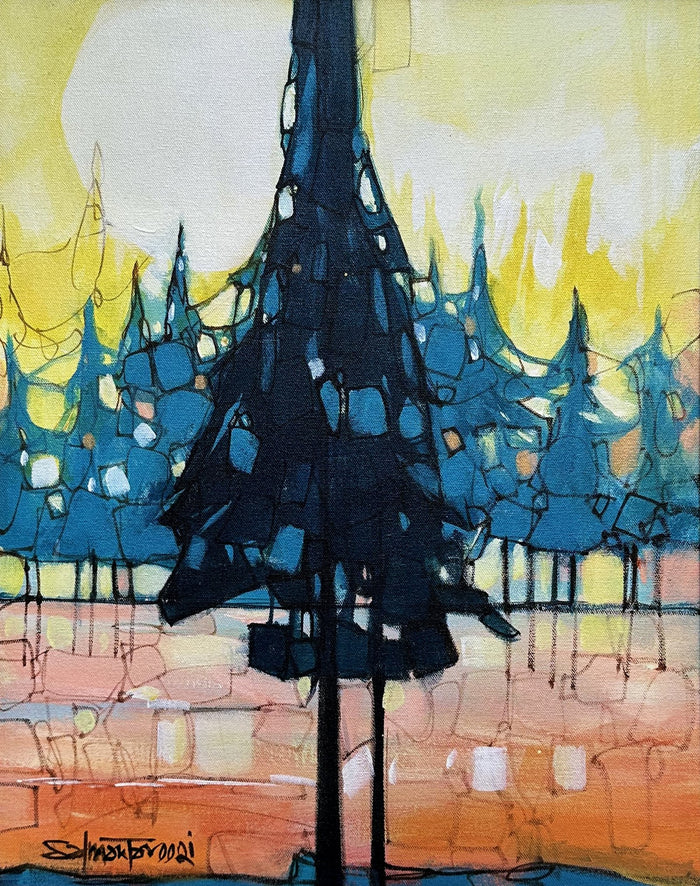 Salman Farooqi Azure Forest acrylic on canvas 16x20 inches Pakistani contemporary abstract painting of blue pine trees and sunset