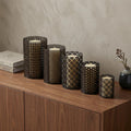Set of Five Dark Brown Pierced Geometric Metal Tabletop Hurricane Candle Holders