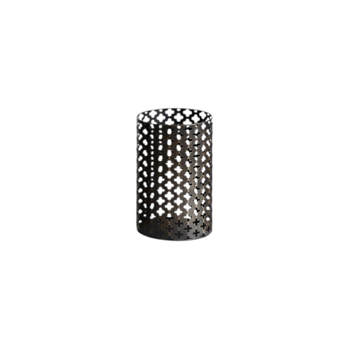Set of Five Dark Brown Pierced Geometric Metal Tabletop Hurricane Candle Holders