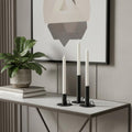 Set of Three Black Geometric Metal Tabletop Taper Candlesticks