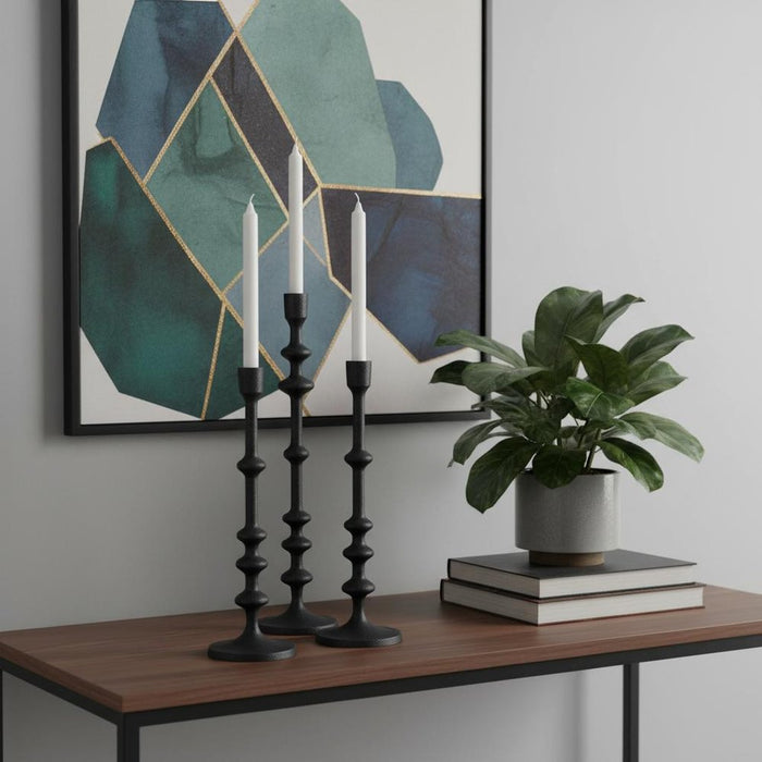 Set of Three Black Geometric Metal Tabletop Taper Candlesticks