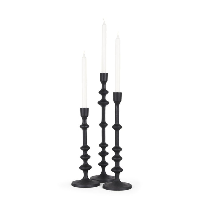 Set of Three Black Geometric Metal Tabletop Taper Candlesticks