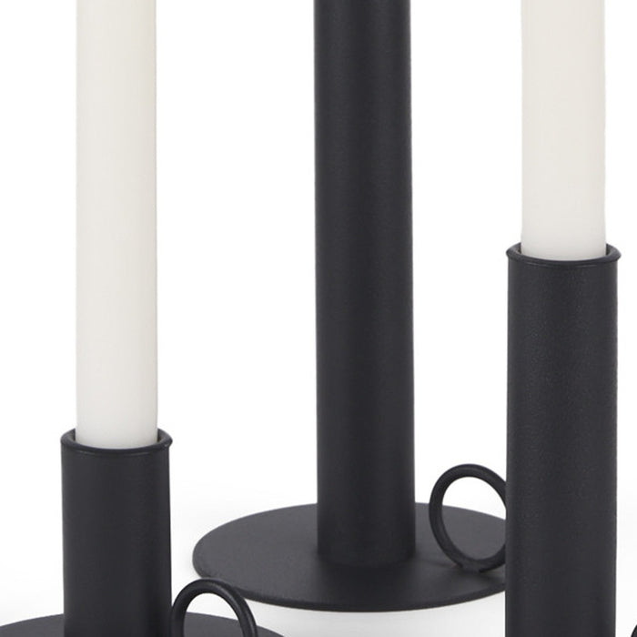 Set of Three Black Geometric Metal Tabletop Taper Candlesticks