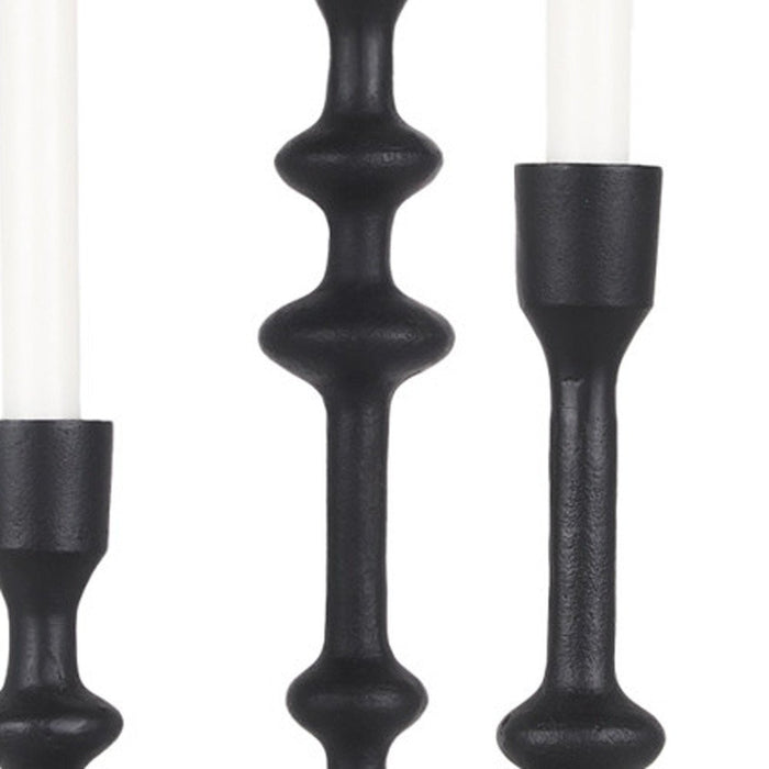 Set of Three Black Geometric Metal Tabletop Taper Candlesticks
