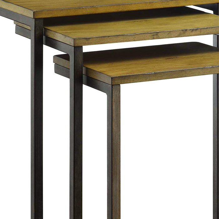 Set of Three Brown and Black Distressed Solid Wood and Steel Frame Nested Tables