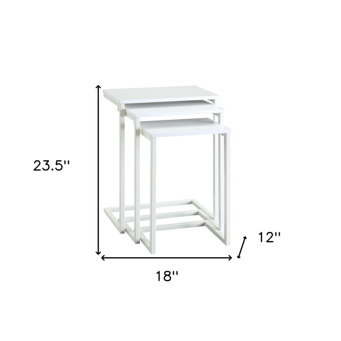 Set of Three White Solid Wood and Steel Frame Nested Tables