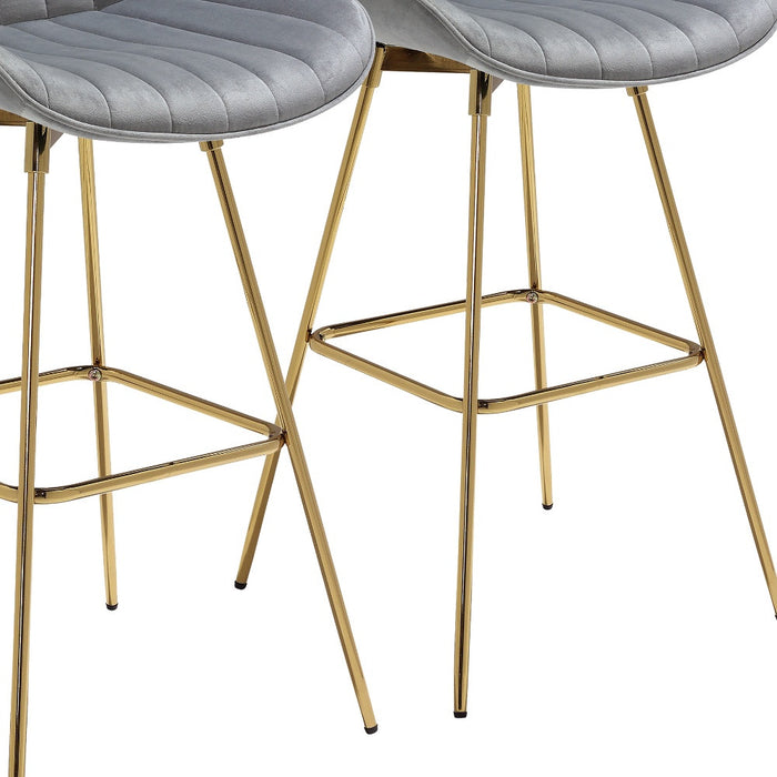 Set of Two 29" Gray And Gold Velvet And Metal Low Back Bar Height Swivel Bar Chairs