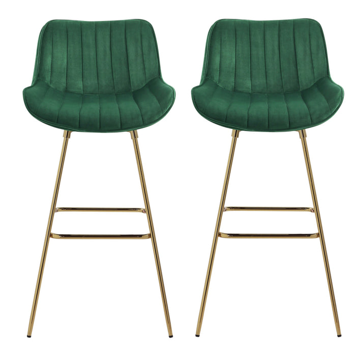 Set of Two 29" Green And Gold Velvet And Metal Low Back Bar Height Swivel Bar Chairs