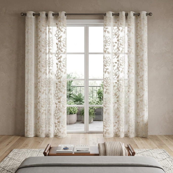 Set of Two 84"  Tan Floral Embroidered Window Panels