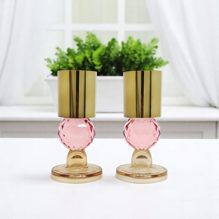 Set of Two Amber Gold And Pink Faceted Crystal Tabletop Taper Candlesticks