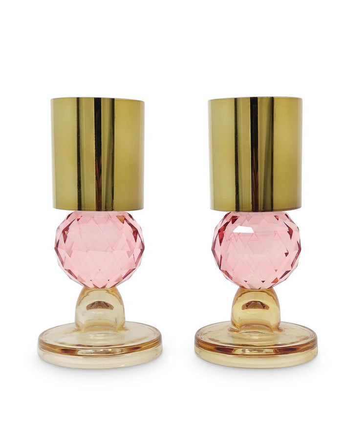 Set of Two Amber Gold And Pink Faceted Crystal Tabletop Taper Candlesticks
