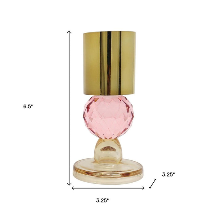 Set of Two Amber Gold And Pink Faceted Crystal Tabletop Taper Candlesticks