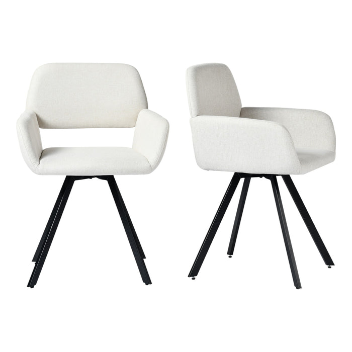 Set of Two Beige and Black Fabric and Steel Dining Arm Chairs