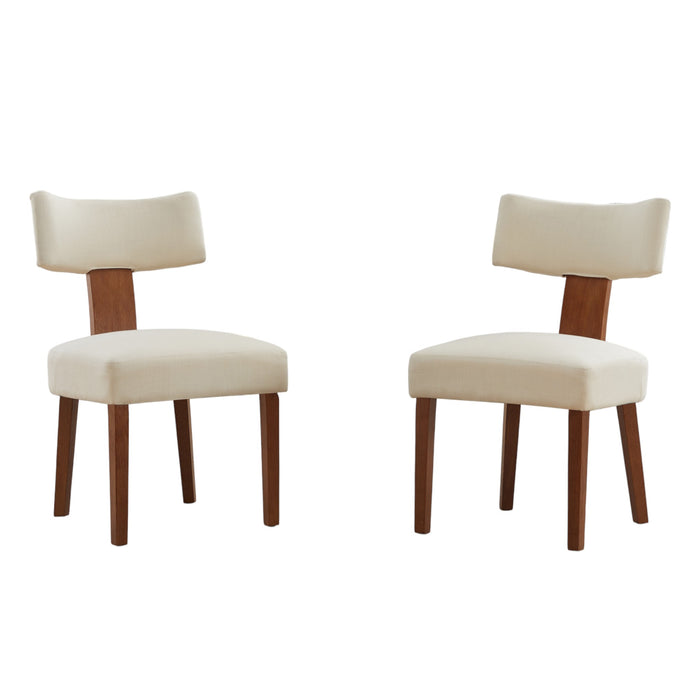 Set of Two Beige and Brown Linen and Solid Wood Dining Side Chairs