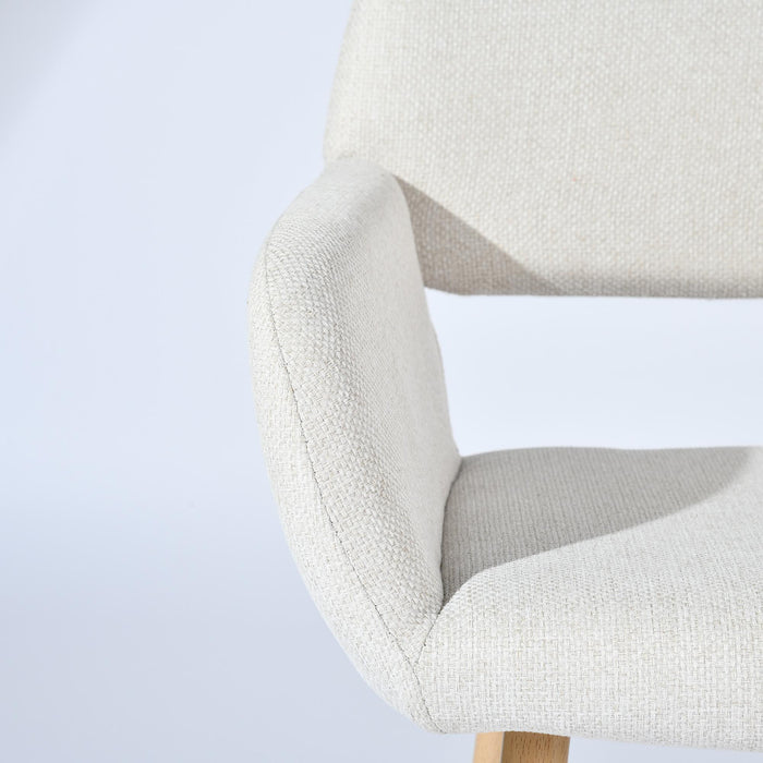 Set of Two Beige and Oak Fabric and Steel Dining Arm Chairs