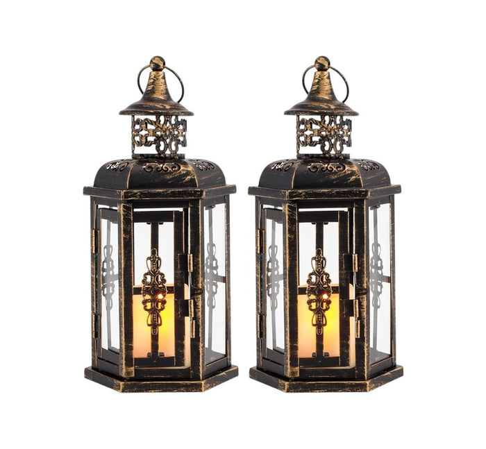 Set of Two Black Distressed Metal And Glass Filigree Tabletop Lantern Candle Holders