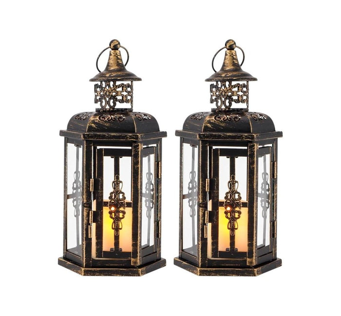 Set of Two Black Distressed Metal And Glass Filigree Tabletop Lantern Candle Holders