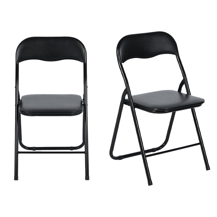 Set of Two Black Faux Leather and Steel Folding Chairs