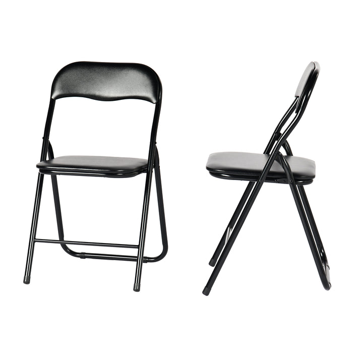 Set of Two Black Faux Leather and Steel Folding Chairs