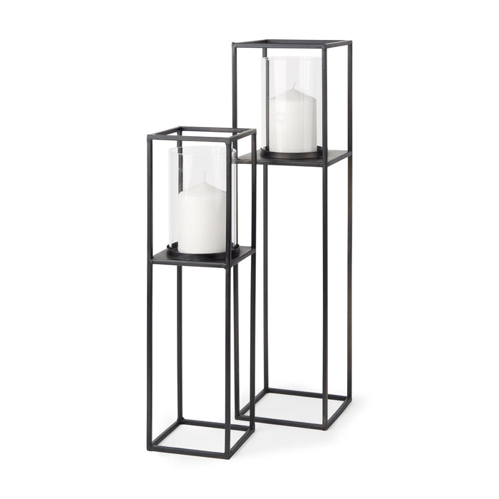 Set of Two Black Geometric Metal And Glass Tabletop Hurricane Candle Holders