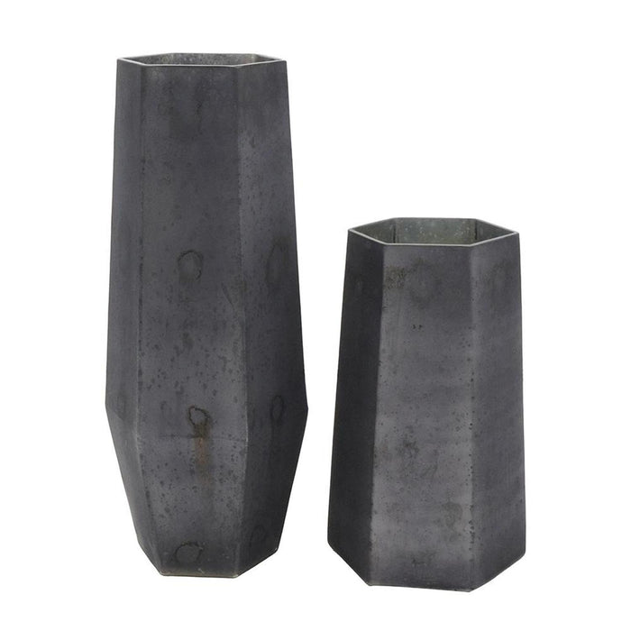 Set of Two Black Hexagonal Glass Table Vases
