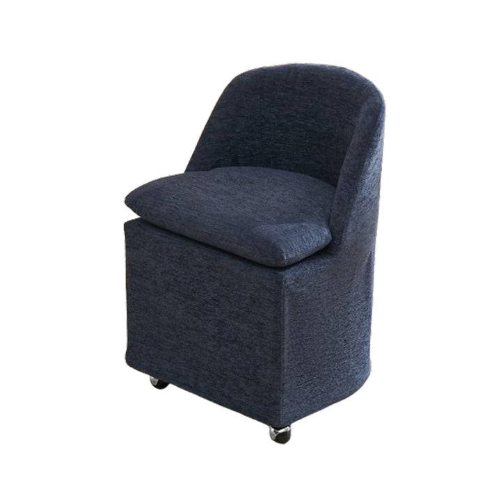 Set of Two Blue Chenille Wing Back Dining Chairs With Wheels