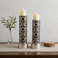 Set Of Two Espresso and Silver Pillar Tabletop Pillar Candle Holders