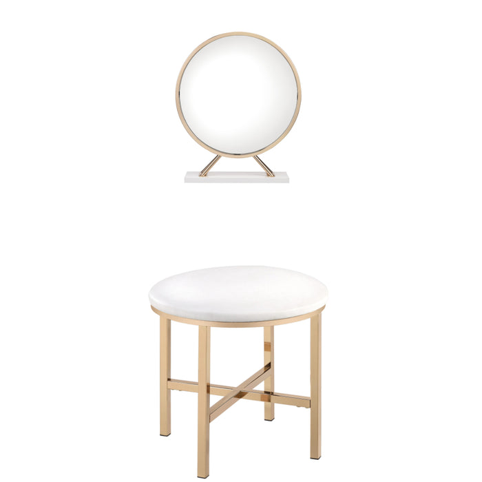 Set of Two Gold Metal And Faux Leather Round Freestanding Makeup Mirror And Stool
