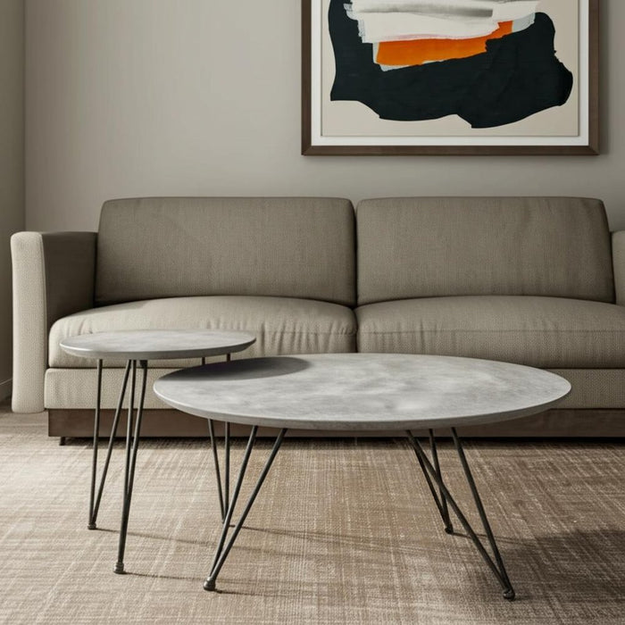 Set of Two Gray and Black Wood and Steel Round Nested Coffee Tables