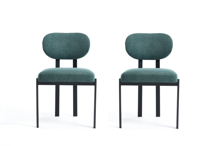Set of Two Green and Black Chenille And Metal Partially Open Back Dining Side Chairs
