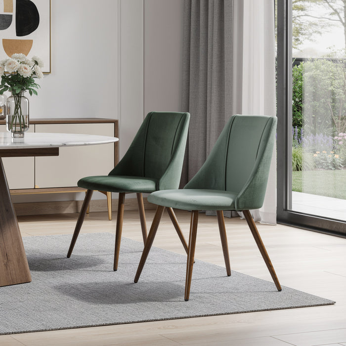 Set of Two Green and Brown Velvet and Steel Dining Side Chairs