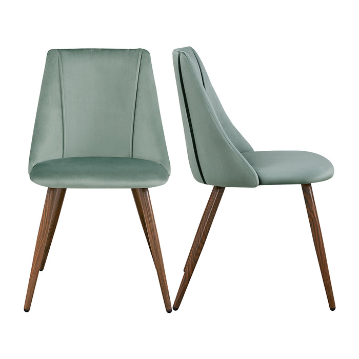 Set of Two Green and Brown Velvet and Steel Dining Side Chairs