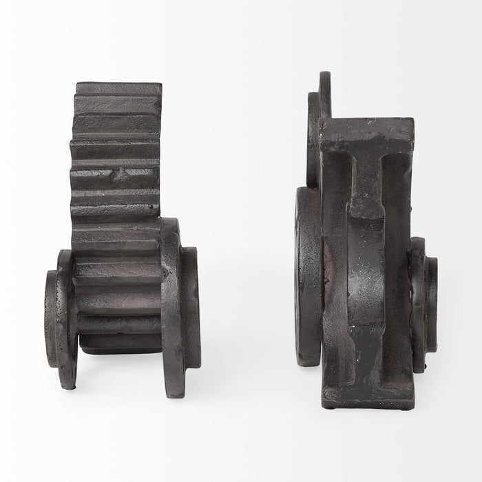 Set of Two Matte Black Industrial Cog Bookends