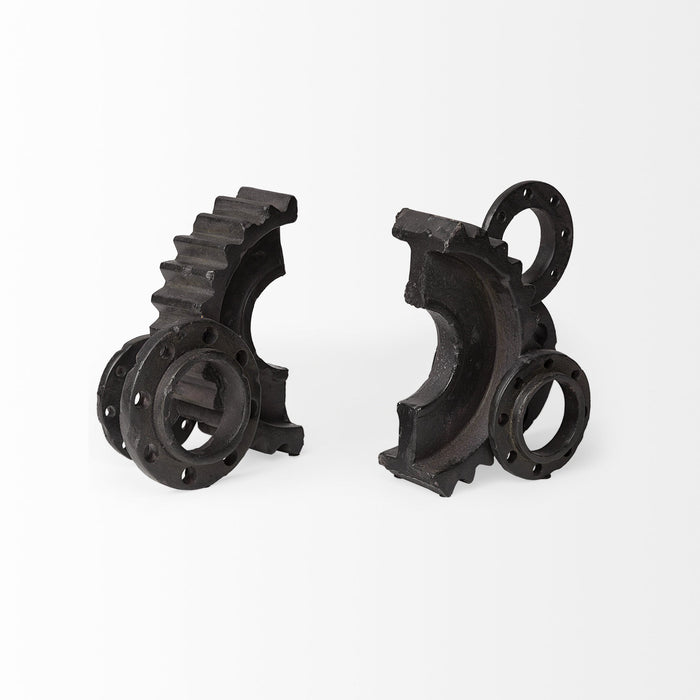 Set of Two Matte Black Industrial Cog Bookends