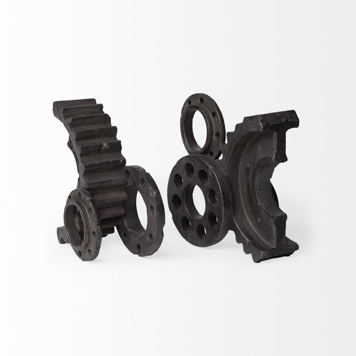 Set of Two Matte Black Industrial Cog Bookends