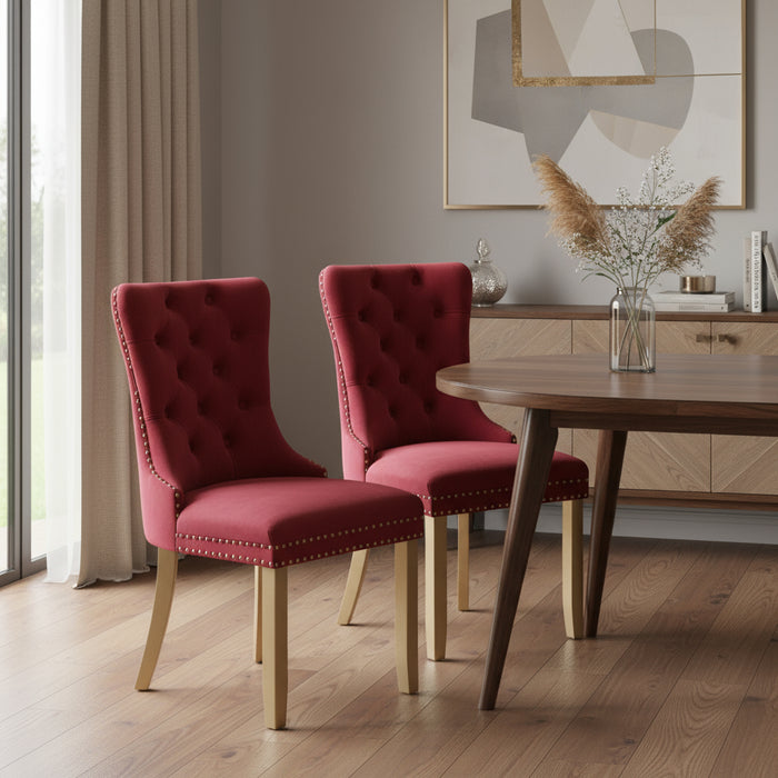 Set of Two Red and Gold Tufted Velvet And Solid Wood Dining Side Chairs