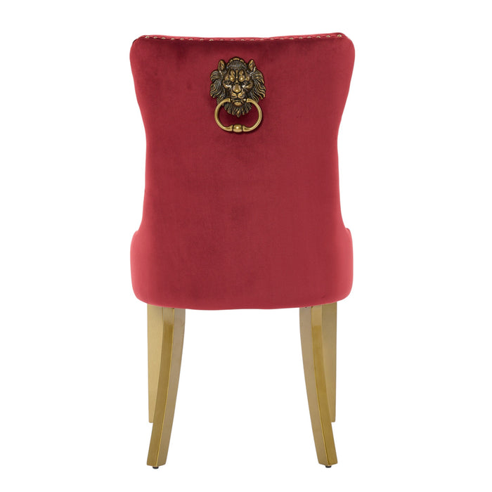 Set of Two Red and Gold Tufted Velvet And Solid Wood Dining Side Chairs