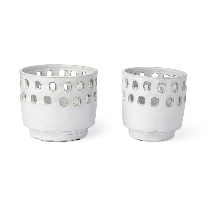 Set of Two White Abstract Cylinder Ceramic Table Vase