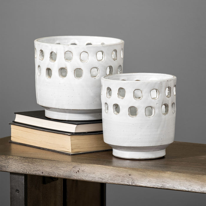 Set of Two White Abstract Cylinder Ceramic Table Vase