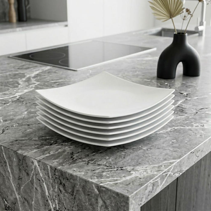 White Six Piece Square Bone China Service For Six Dinner Plate Set